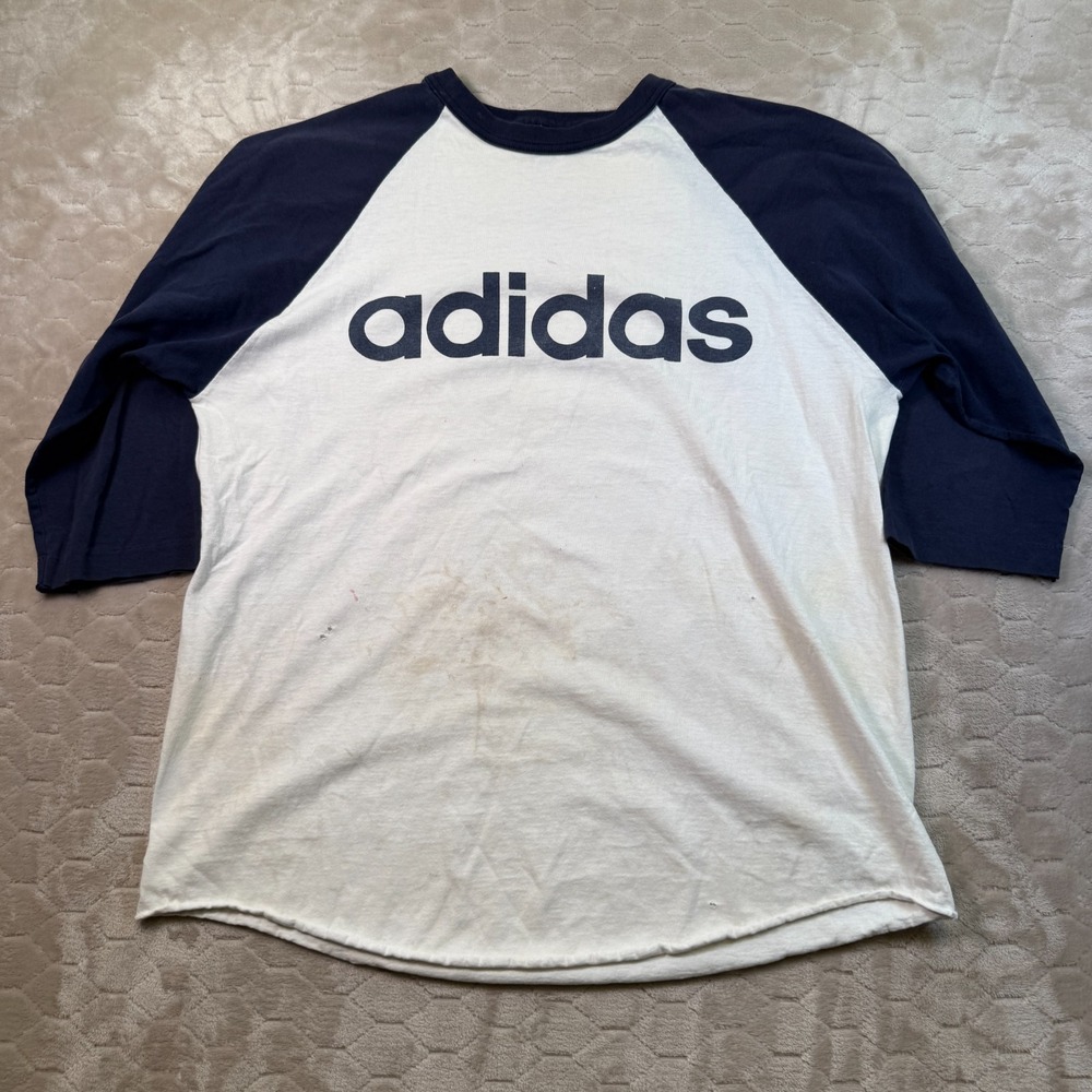 VTG Adidas 3/4 Sleeve Raglan Baseball Shirt 80s 90s Sz XL STAINED Single Stitch